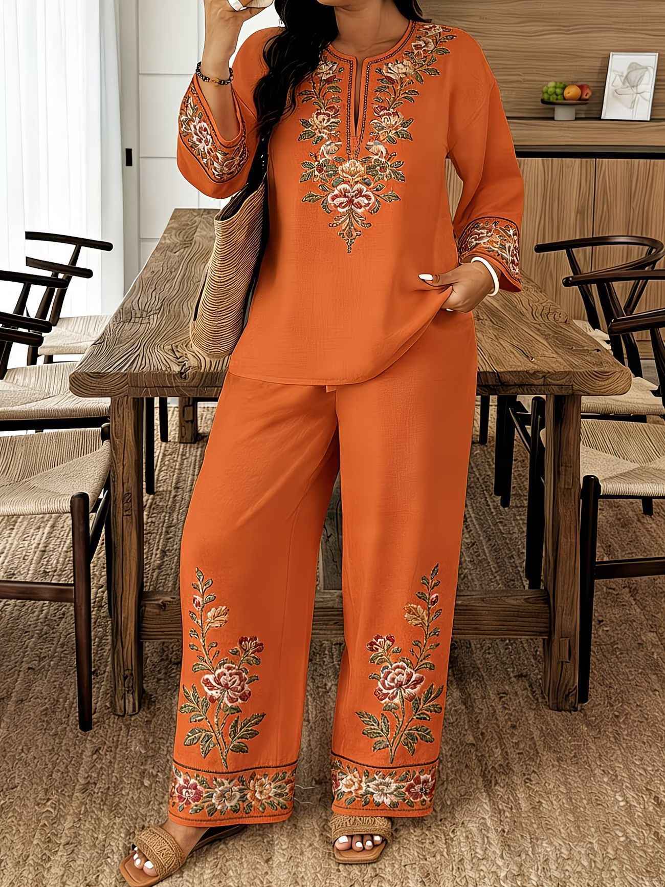 Middle Eastern Lace Floral Set - Elegant Long-sleeve Ethnic-style Fashion