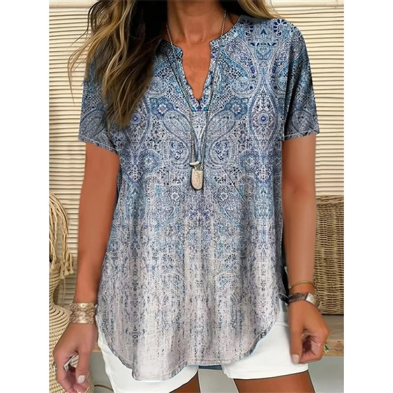 3D Printed Women's V-neck Top - Loose Short Sleeve Design