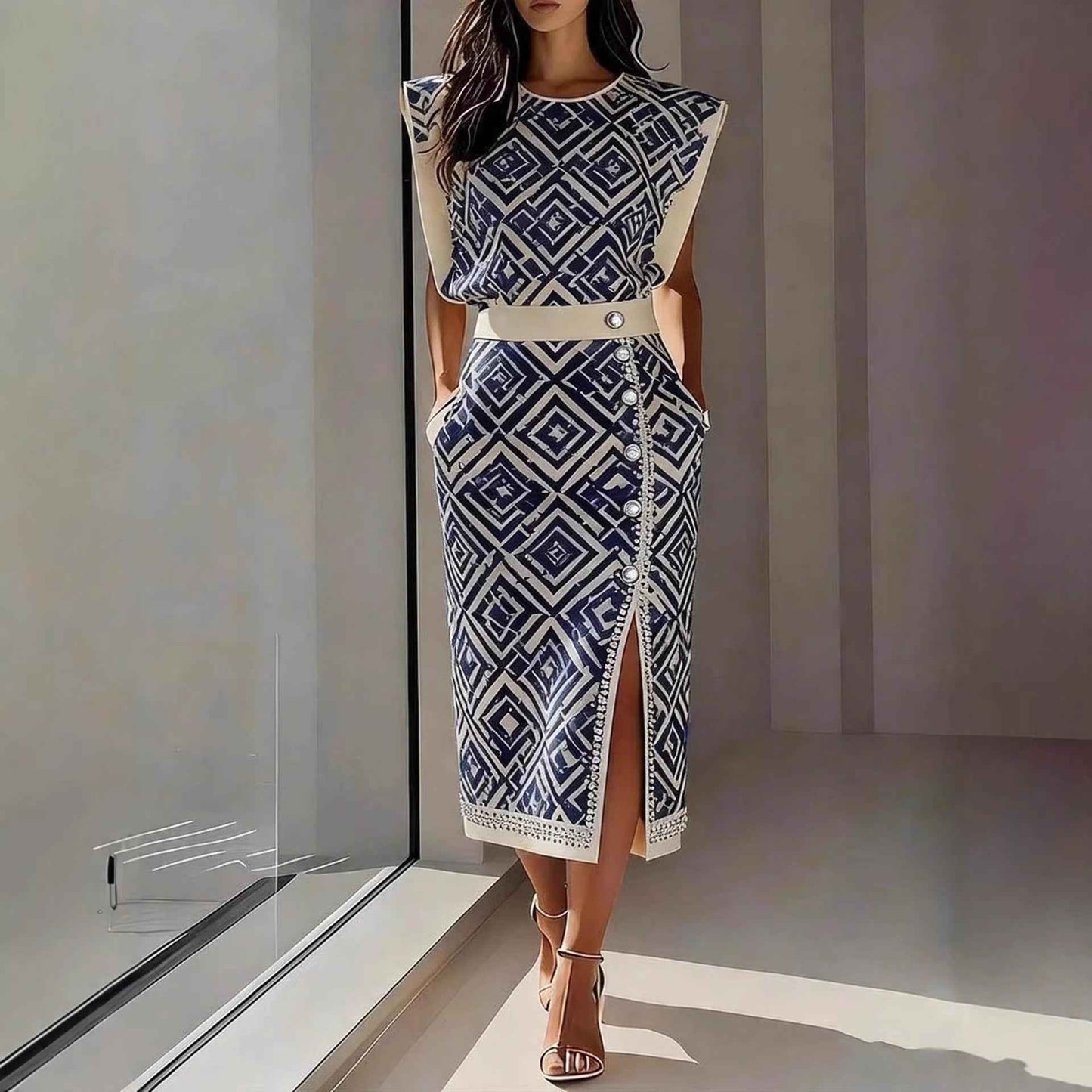 Womens Printed Top and Skirt Set with Sleeveless Design and Slit Long Skirt