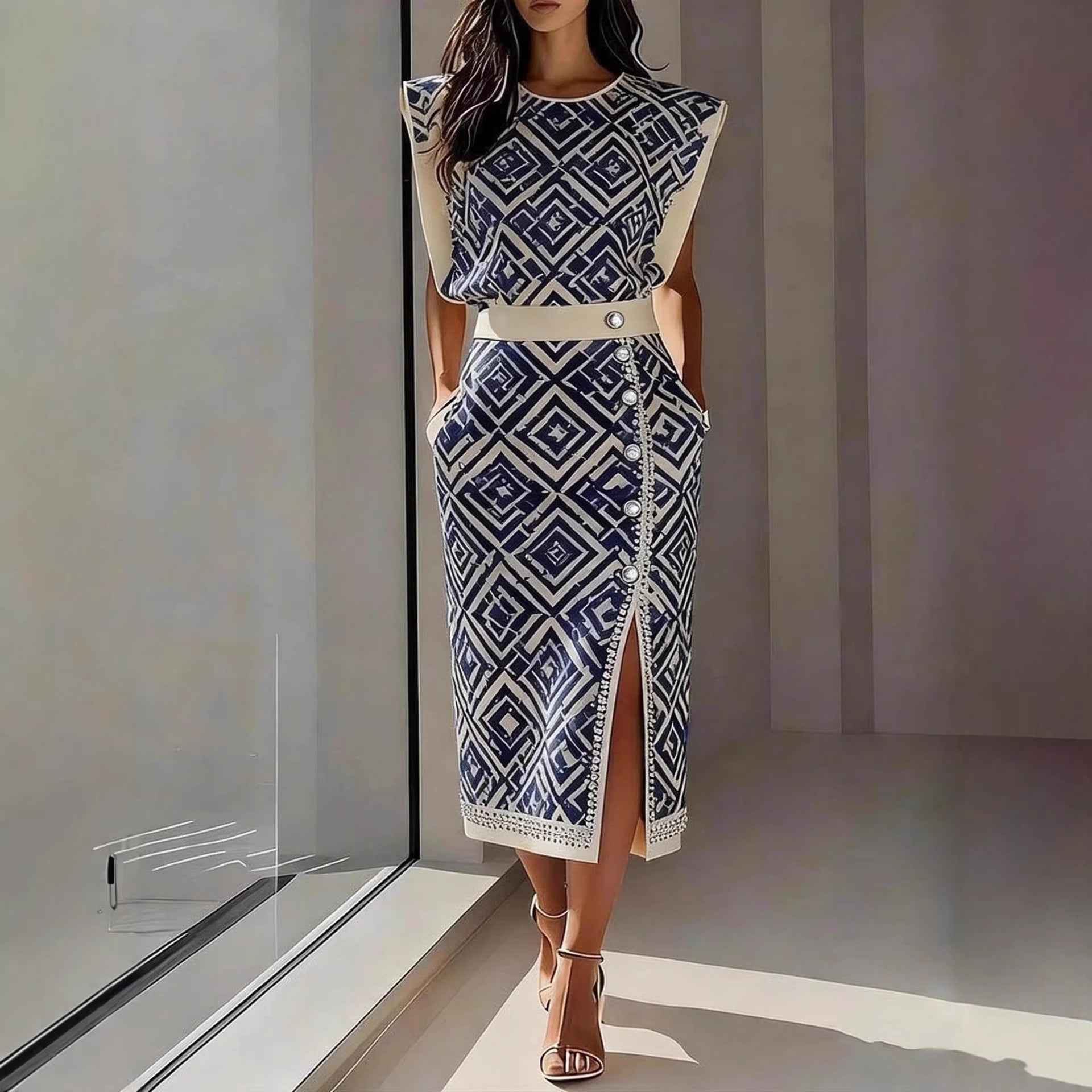 Womens Printed Top and Skirt Set with Sleeveless Design and Slit Long Skirt
