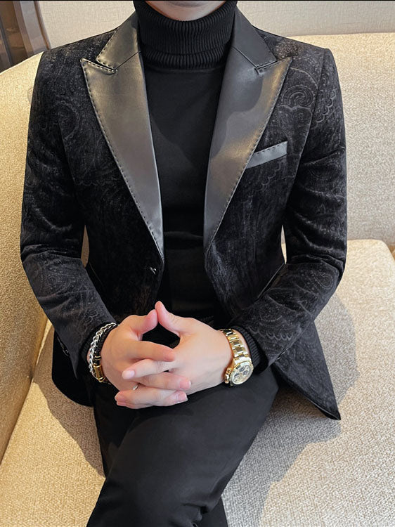 Jacquard Velvet Leather Blazer for Men with Stylish Lapel