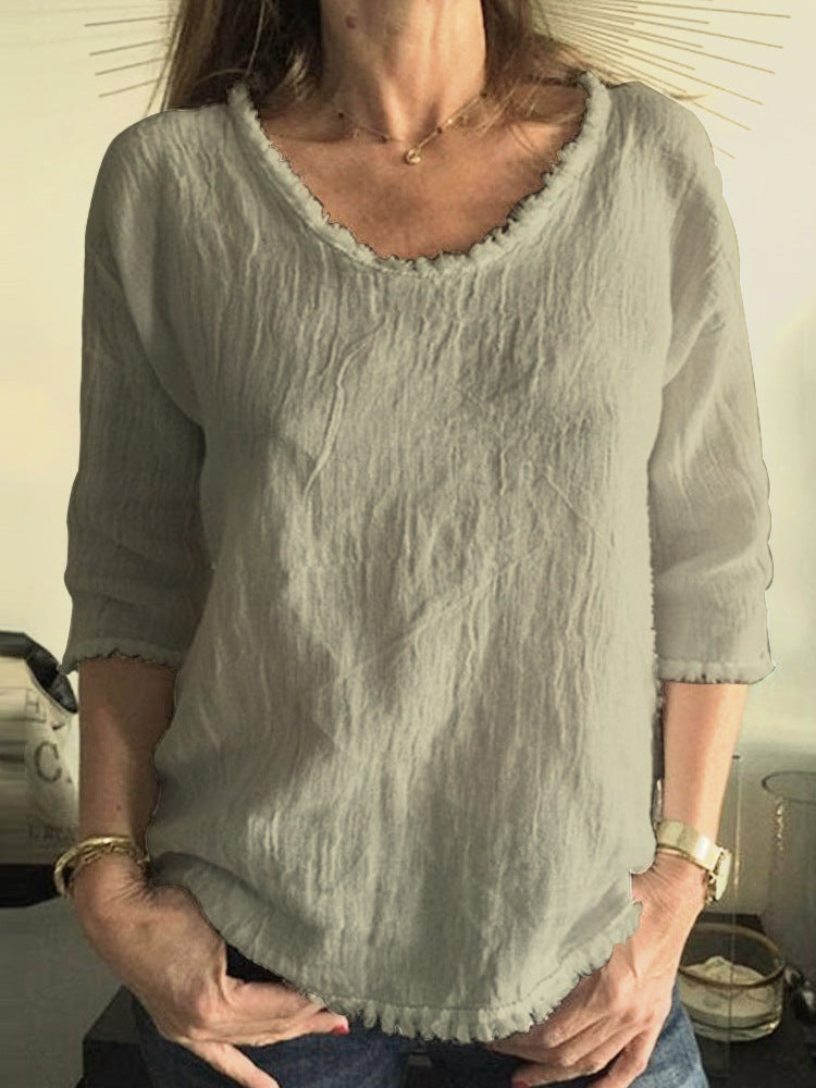 Round Neck Cotton Tassel Top with Three-Quarter Sleeves