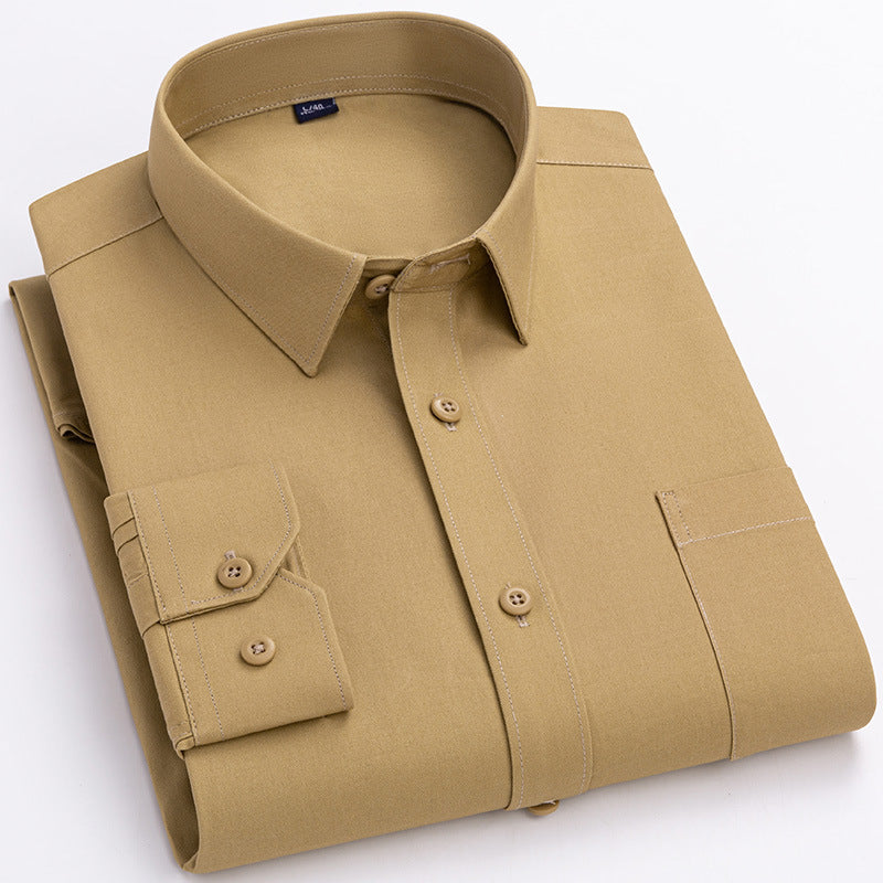 Spring Mens Khaki Cotton Long-sleeve Shirt - Slim Fit