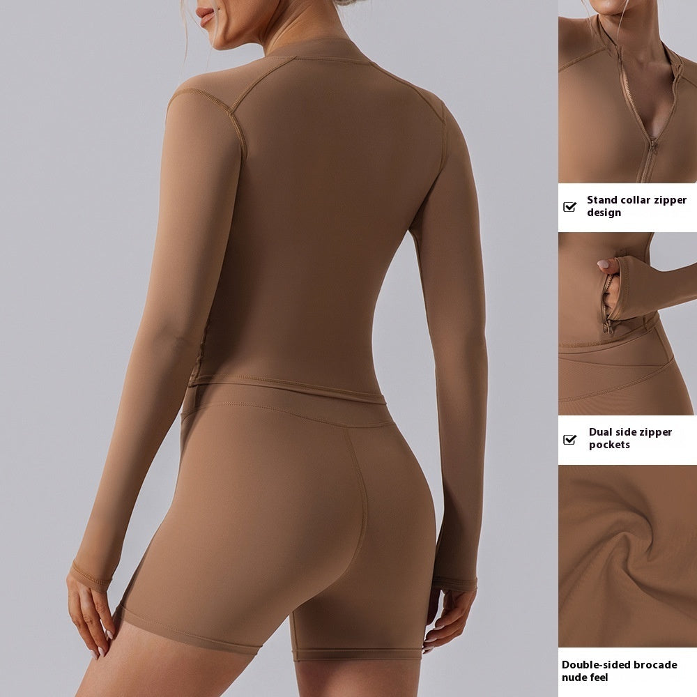Cárdigan ajustado con cremallera y alta elasticidad, ideal para correr y yoga. Conjunto de 3 piezas.