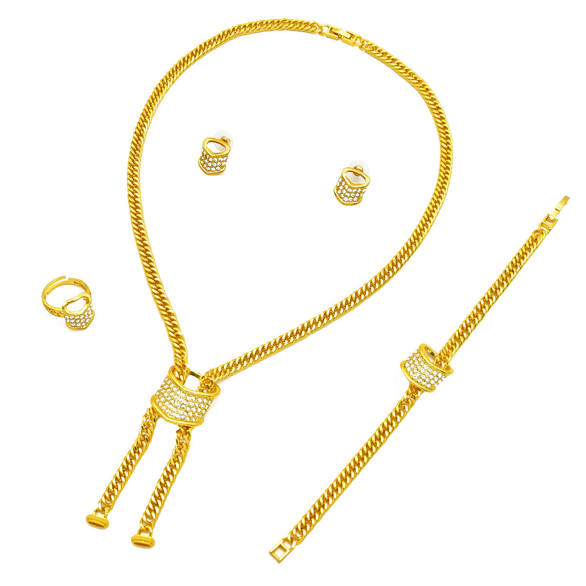 Dubai Bride Gold-plated Jewelry Set - 24k Gold-plated Necklace, Bracelet, Earring, and Ring Four-piece Set