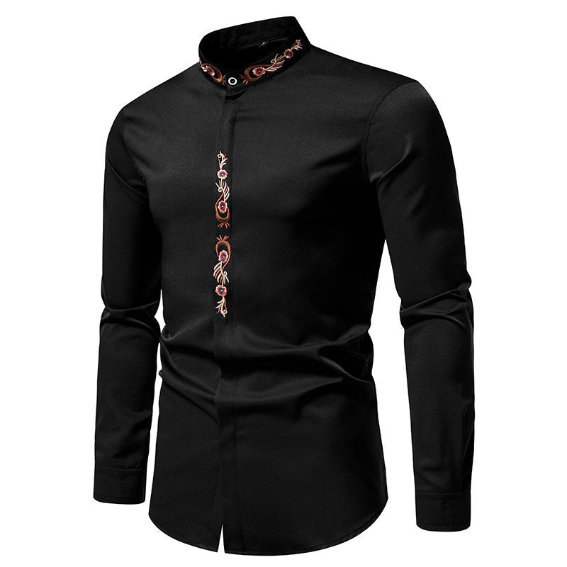 Mens Embroidered Casual Long-Sleeve Shirt - Slim Fit Fashion Collar