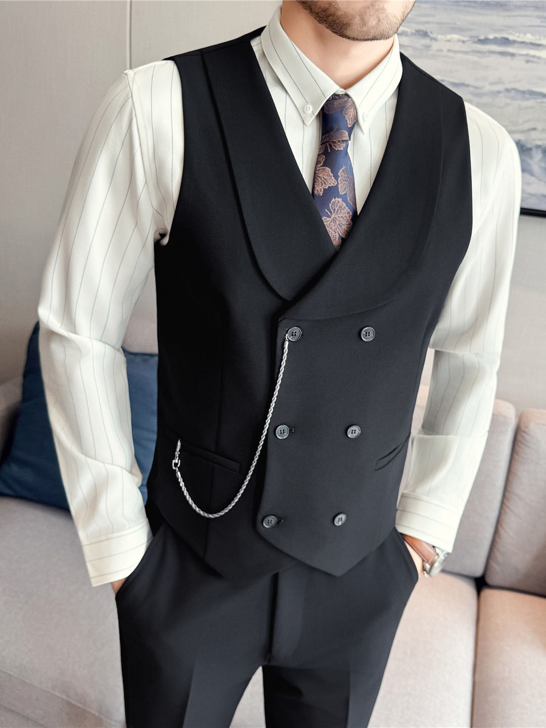 Men's Double-Breasted Shawl Collar Vest in Yarn-Dyed Fabric