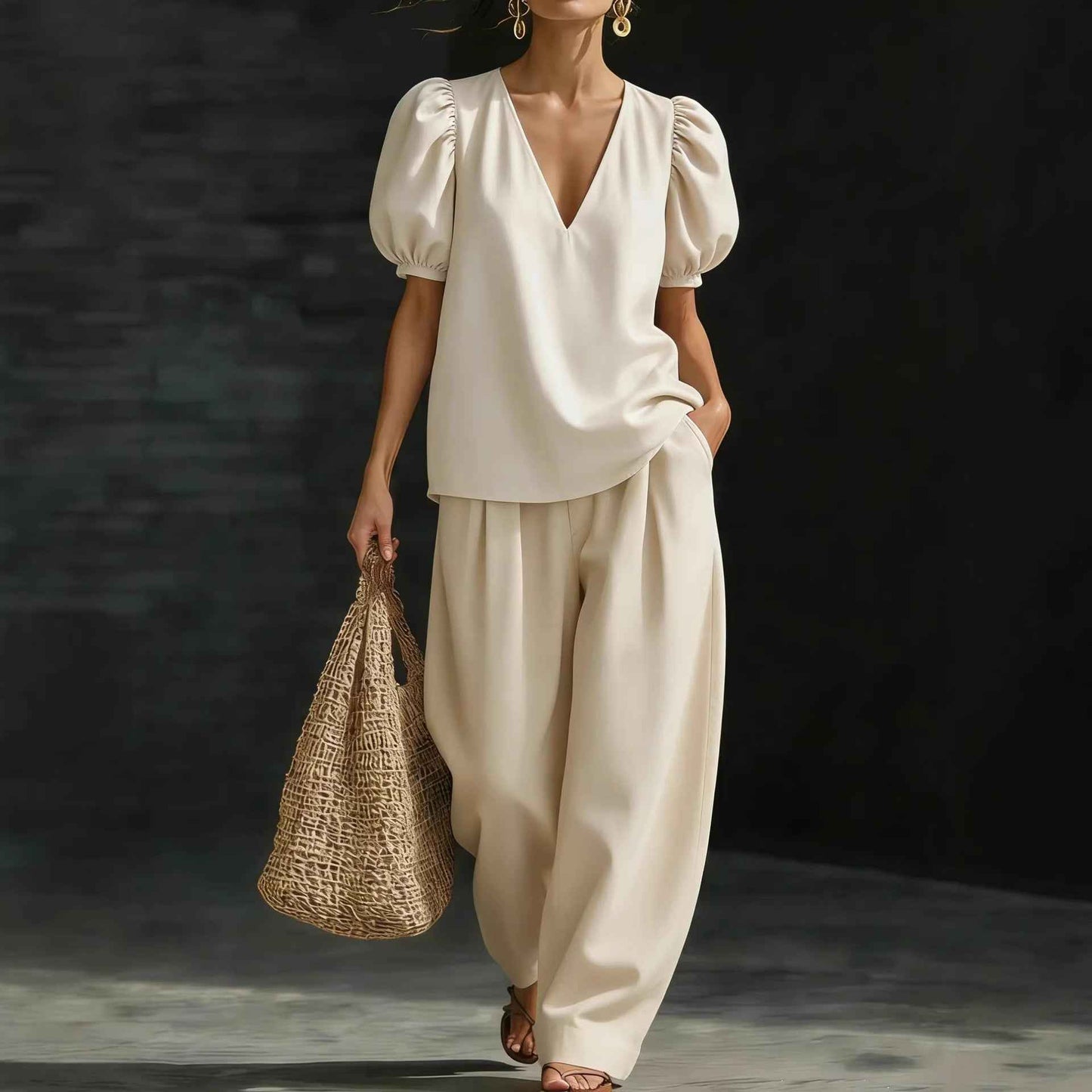 V-Neck Casual Womens Set - Stylish Short-Sleeve Fashionable Outfit