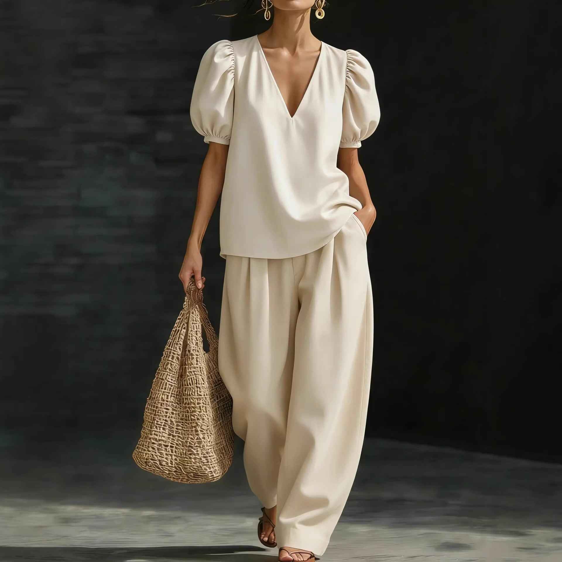 V-Neck Casual Womens Set - Stylish Short-Sleeve Fashionable Outfit