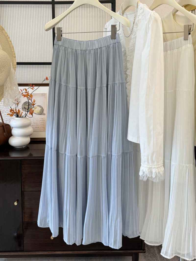 Womens Retro High-Waist Skirt - Elegant Solid-Colored Pleated French-Style Design