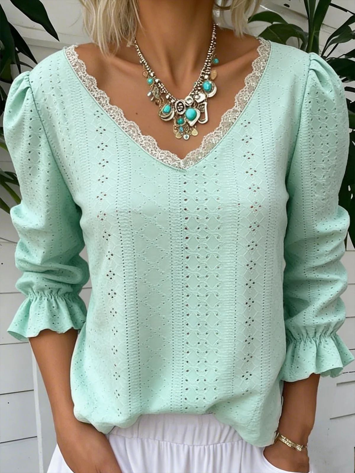 Women's V Neck Hollowed Out Top for Mid Sleeve Stylish Comfort