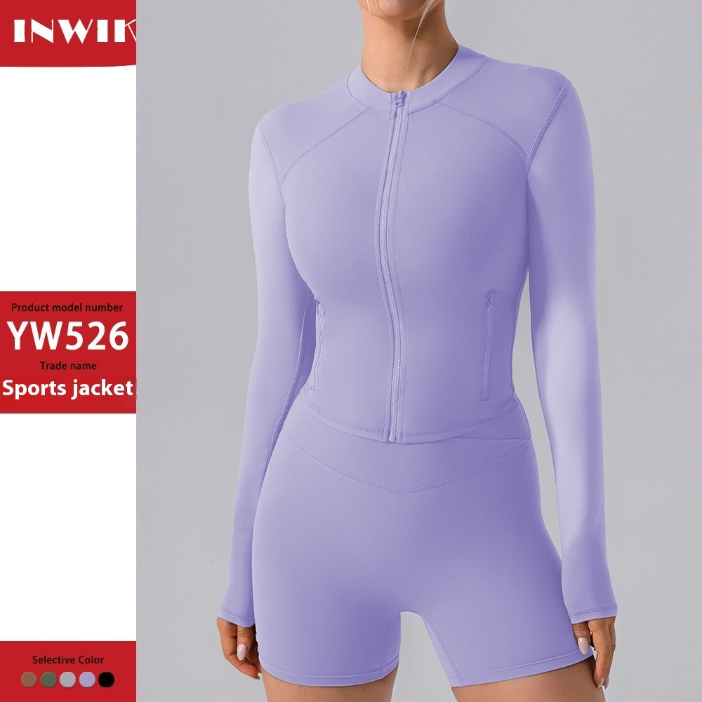 Cárdigan ajustado con cremallera y alta elasticidad, ideal para correr y yoga. Conjunto de 3 piezas.