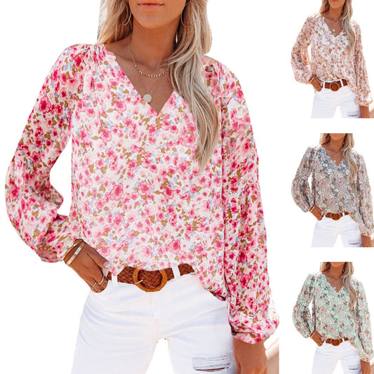 Lantern Sleeve Floral Chiffon Shirt for Women