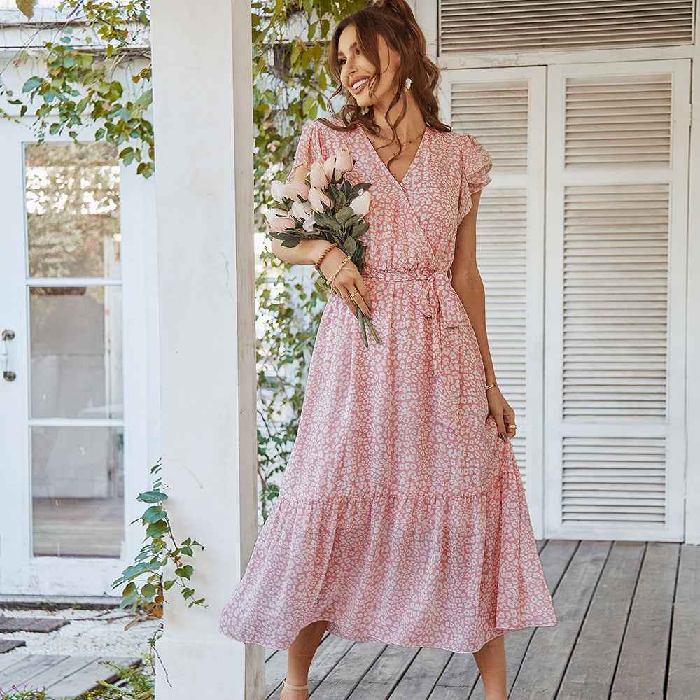 Ruffle Cap Sleeve Wrap Split Women's Boho Floral Long Dress