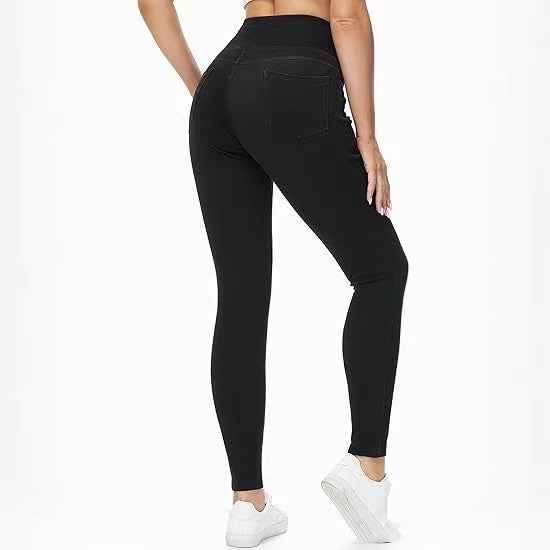 High-waisted Denim Pants with Two Pockets - Faux Denim Style
