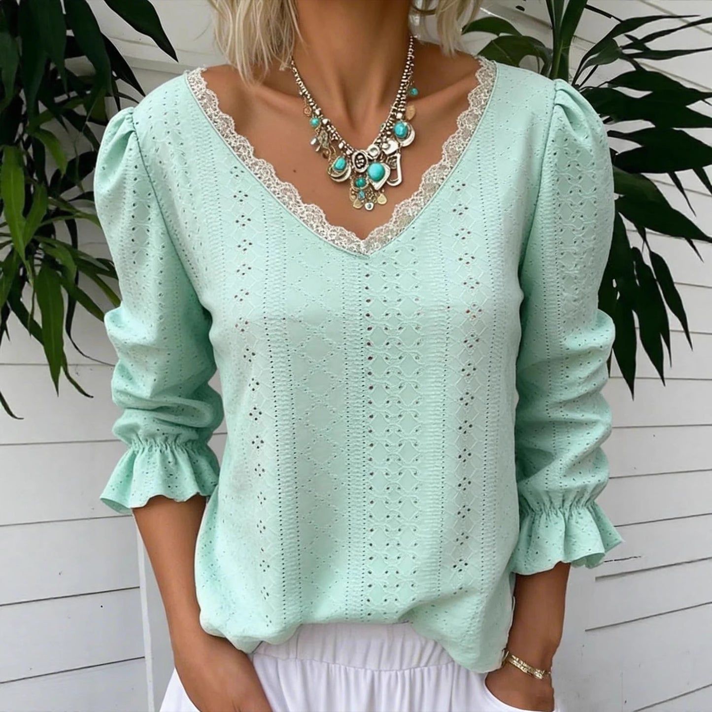 Women's V Neck Hollowed Out Top for Mid Sleeve Stylish Comfort