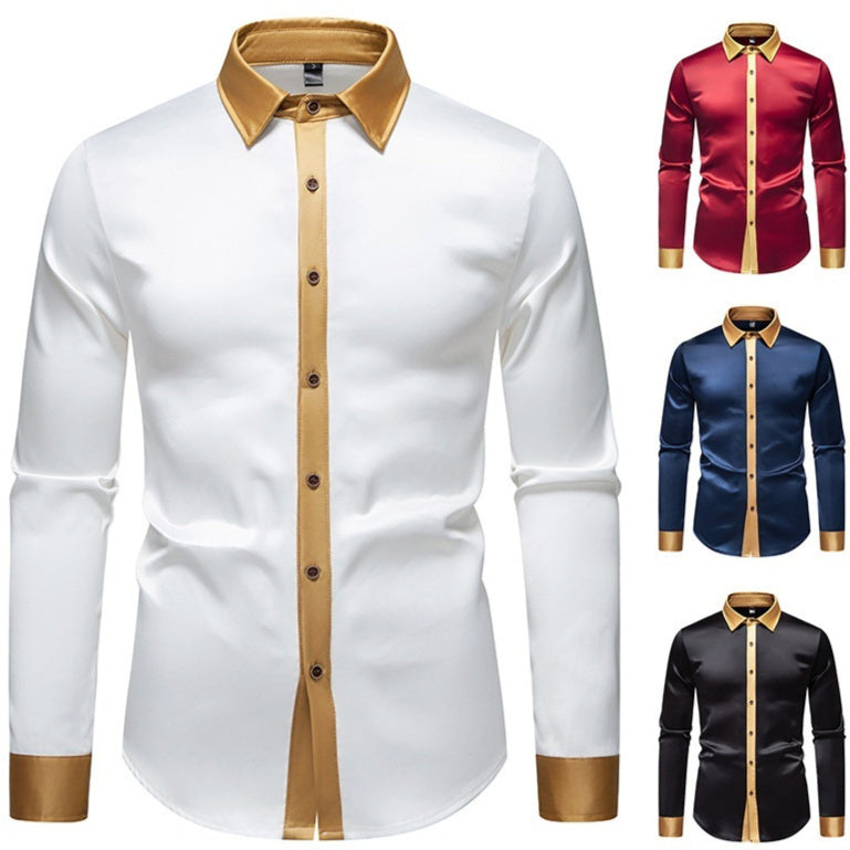 Mens Satin Colorblock Shirt - Slim Fit Long Sleeve Stylish Design