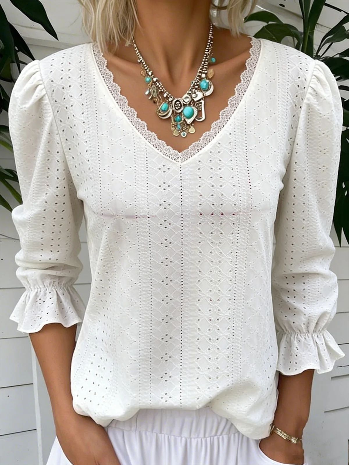 Women's V Neck Hollowed Out Top for Mid Sleeve Stylish Comfort