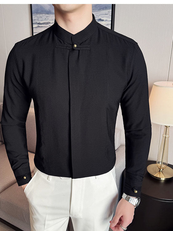 Men's Cotton Long-sleeved Shirt with Solid Color and Stand Collar