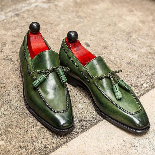 British-style Green Tassel Shoes for Men - Round-toe PU Design