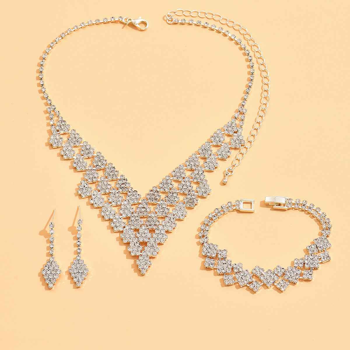 Diamond-shaped Jewelry Set: Necklace, Bracelet, and Earrings for Women