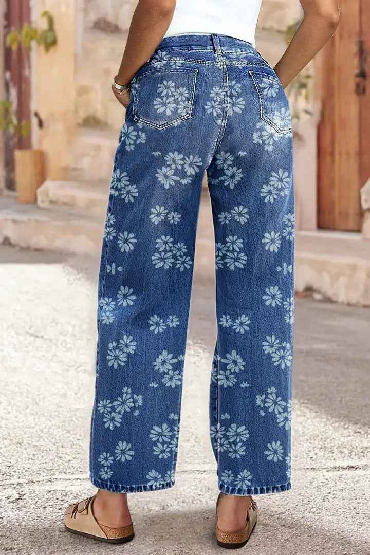 High Waist Floral Jeans - Vintage Floral Print Straight Leg Denim Pants