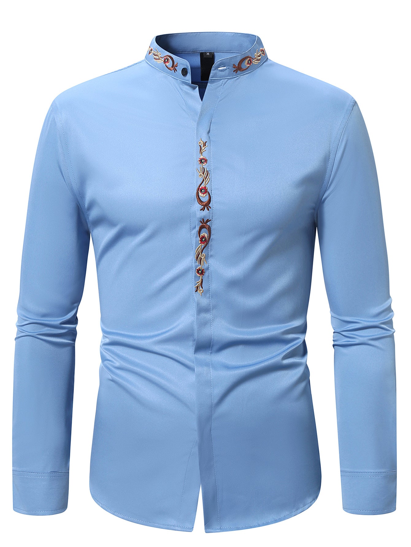 Mens Embroidered Casual Long-Sleeve Shirt - Slim Fit Fashion Collar