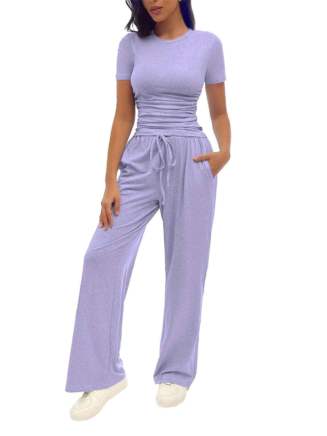 Women's Casual Pleated Set - Fashionable Short-Sleeve Ensemble for Everyday Wear