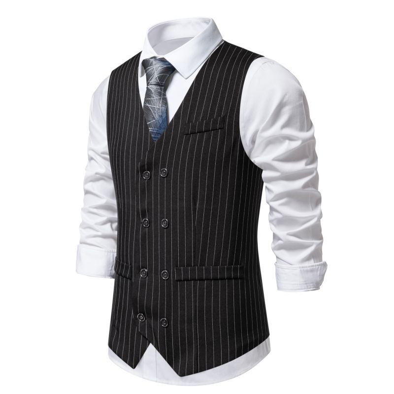 New Mens Vertical-striped Waistcoat Double-breasted Stylish Design