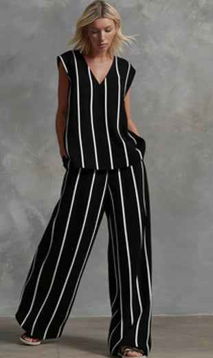 French Minimalist Black and White Set - Loose Cotton-Linen Women's Outfit