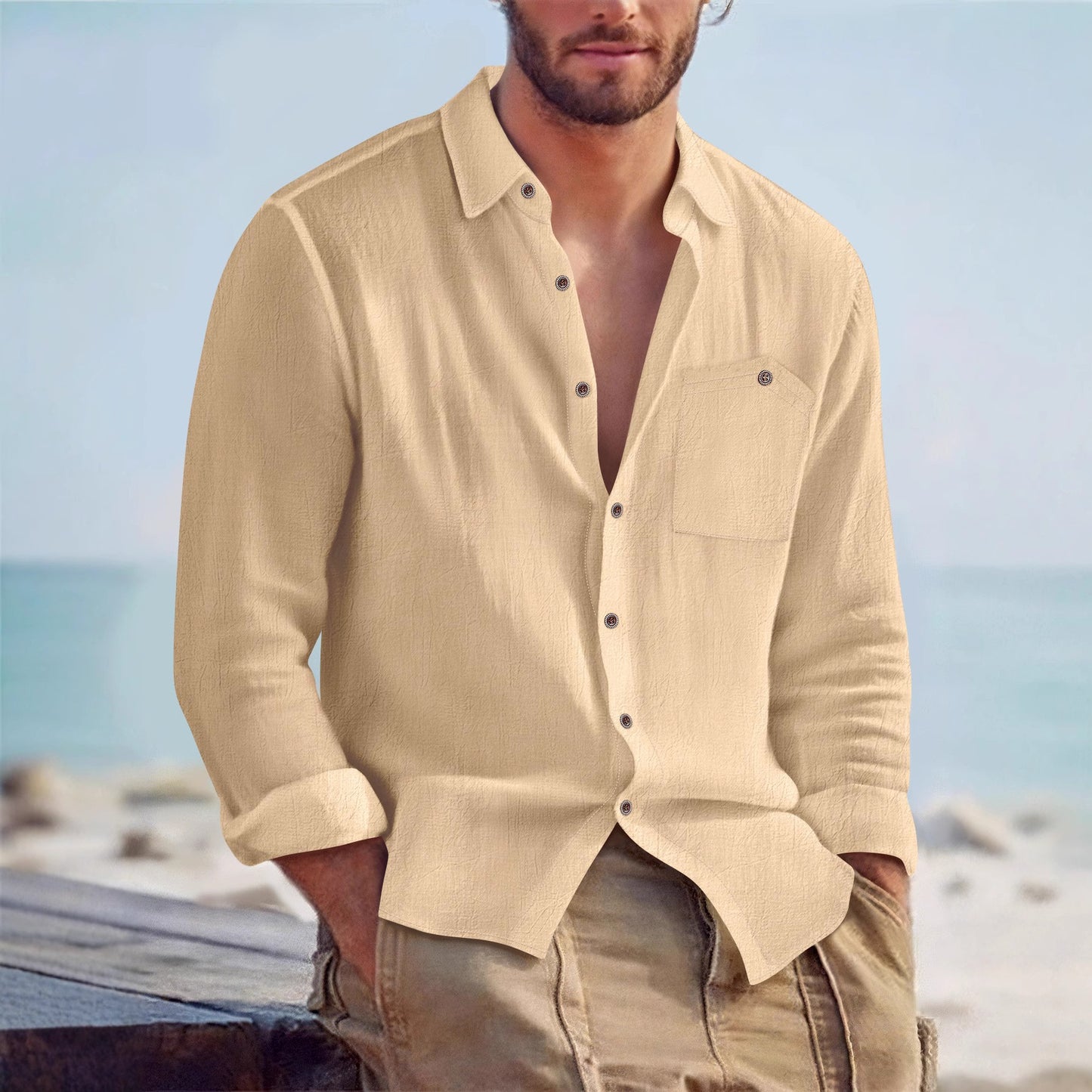 Mens Linen Cardigan Shirt - Solid Color Lapel Loose Fit for Effortless Style