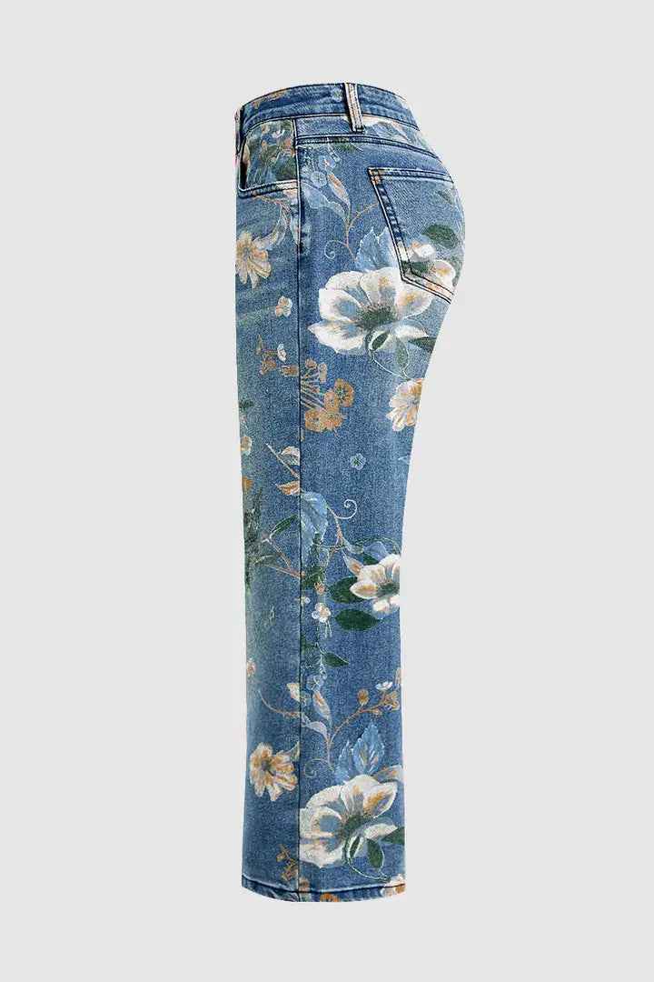 High Waist Floral Jeans - Vintage Floral Print Straight Leg Denim Pants