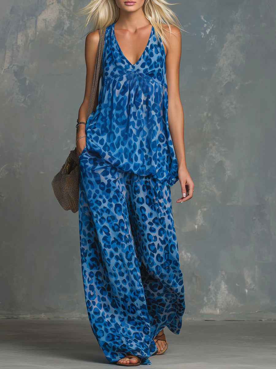 Womens Loose-Fitting Leopard Print Women's Clothing Set with Sleeveless Top and Chiffon Pants