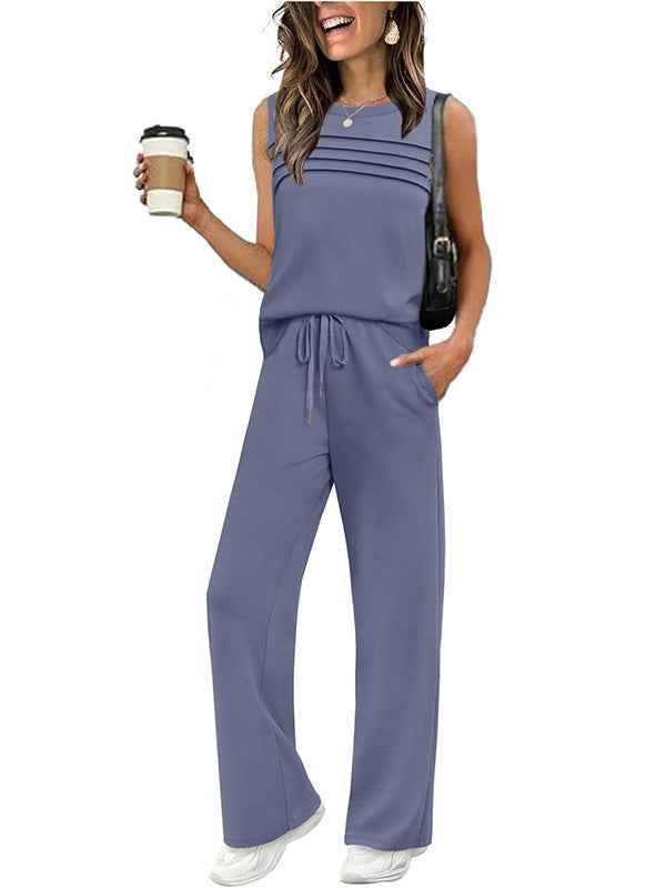 Womens Pleated Vest Top Set - Stylish Two-Piece Outfit for Effortless Chic