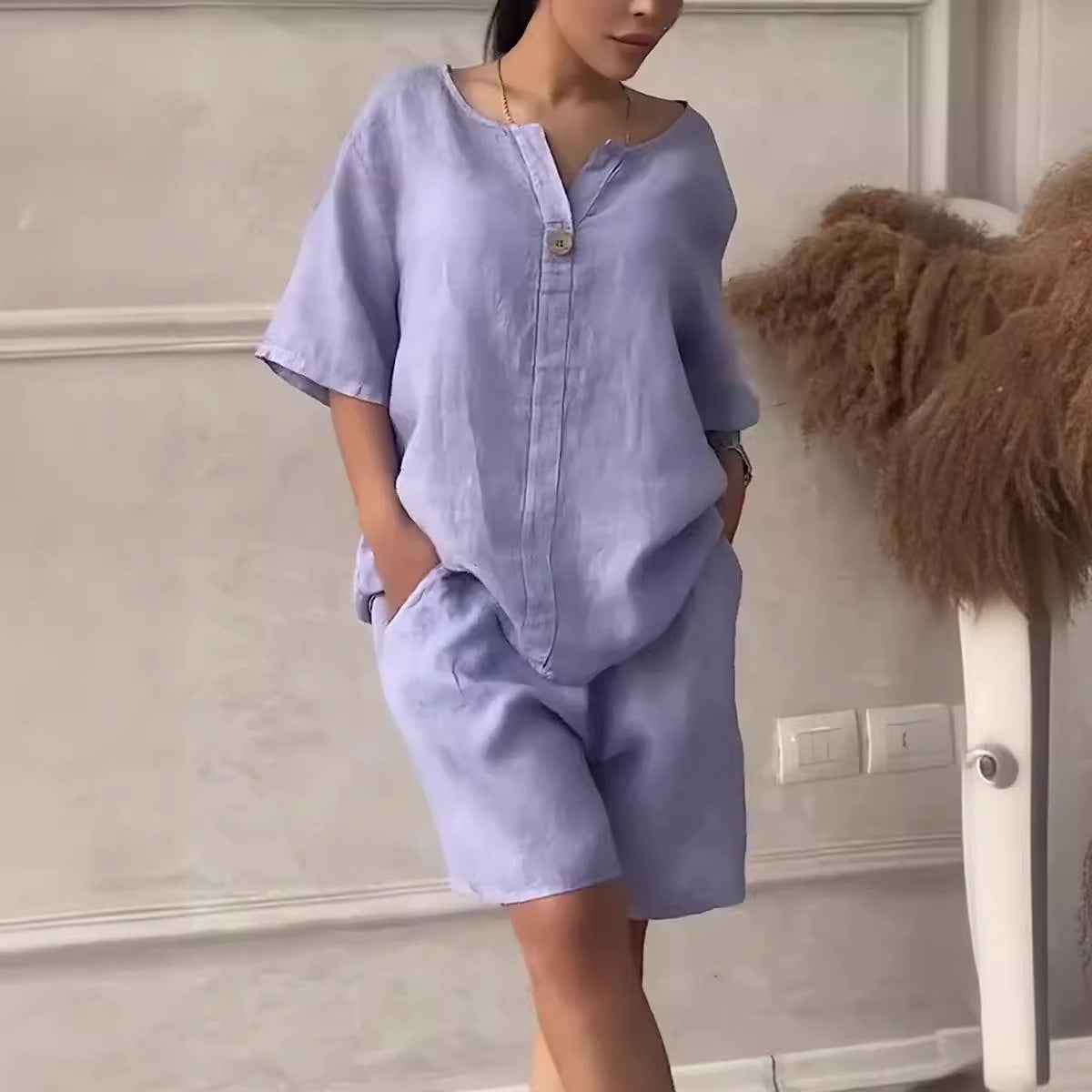 Cotton-linen Shirt Set with Shorts for Women - High-waisted Loose Style