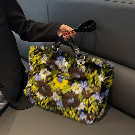 Women's Floral Handbag - Trendy Plush Shoulder Bag for Stylish Women