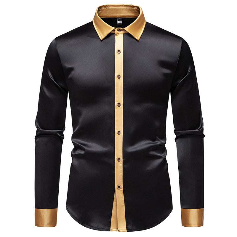 Mens Satin Colorblock Shirt - Slim Fit Long Sleeve Stylish Design