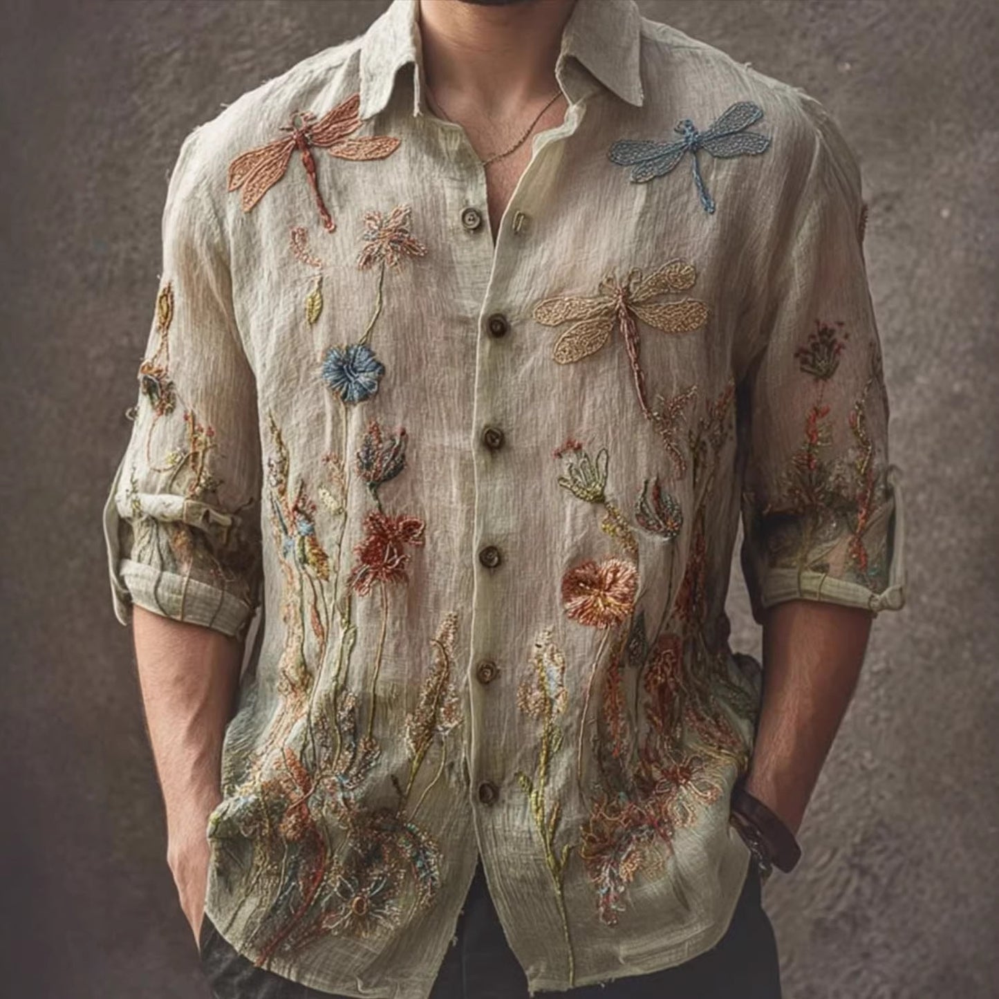 Retro Floral Long-Sleeve Shirt for Men – Casual American-Style Loose-Fitting Print
