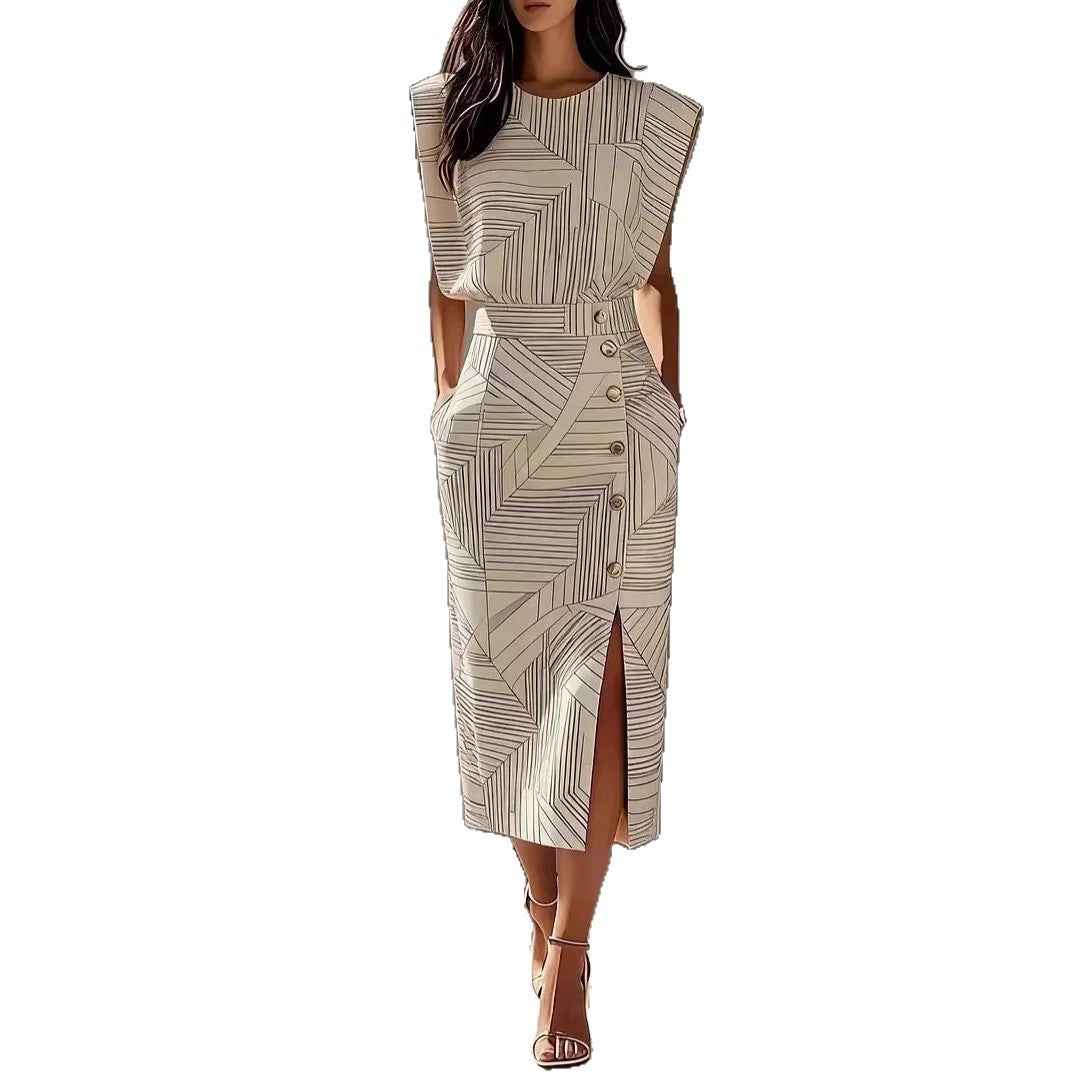 Womens Printed Top and Skirt Set with Sleeveless Design and Slit Long Skirt