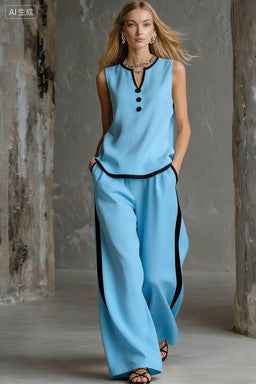 Sleeveless V-Neck Black Trim Contrast Color Simple Womens Top And Wide-Leg Pants Set