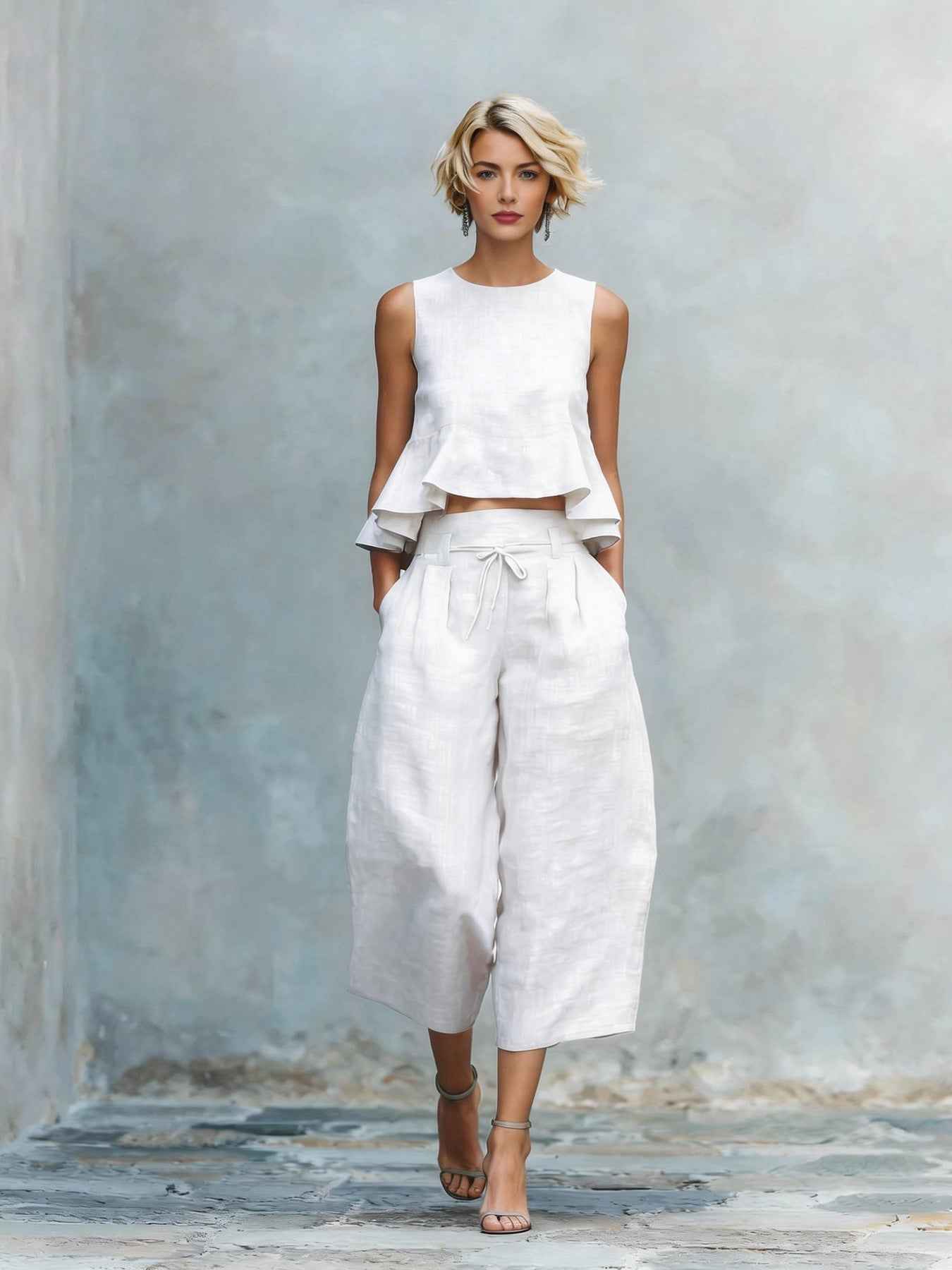 Womens Linen-Blend Two-Piece Set with Ruffled Detailing for Effortless Style
