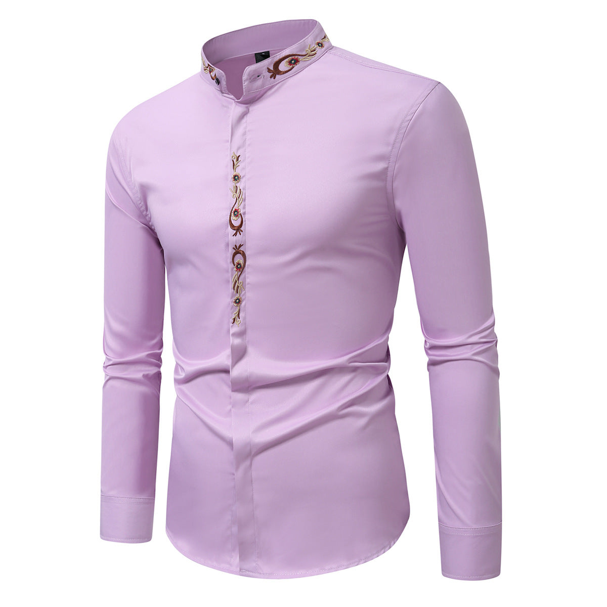 Mens Embroidered Casual Long-Sleeve Shirt - Slim Fit Fashion Collar