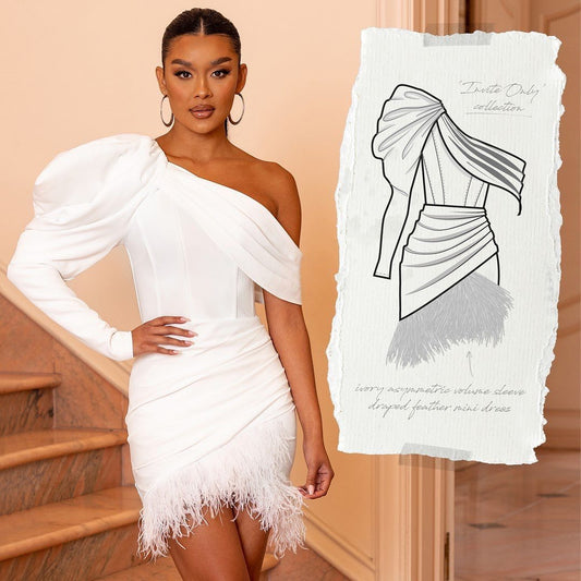 Draped Feather Dress With A Bias Shoulder for Effortless Elegance - Neon North Clothing