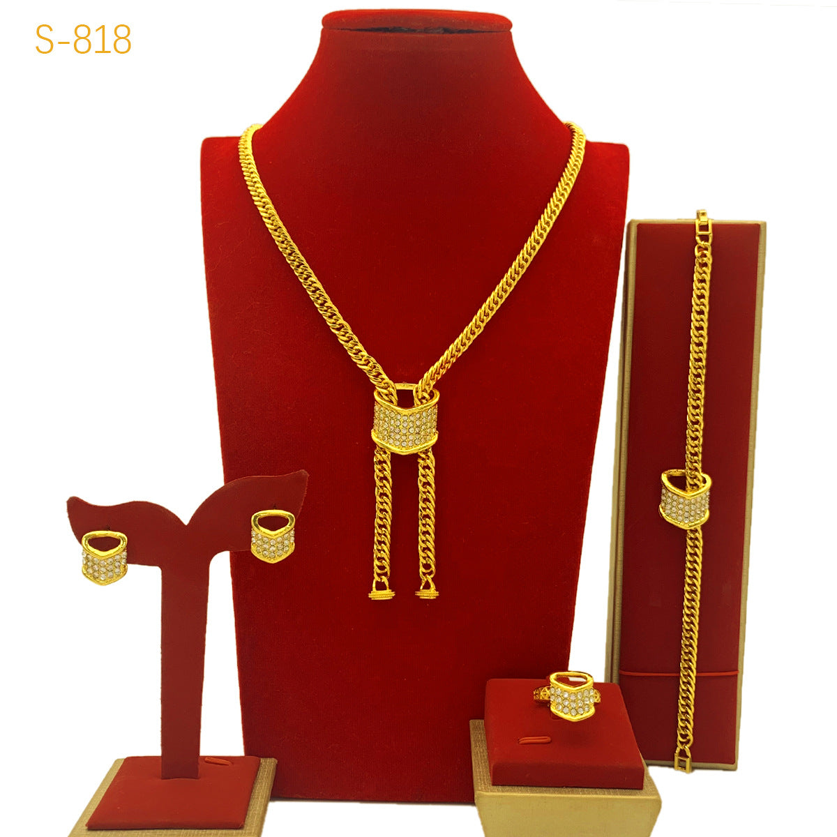 Dubai Bride Gold-plated Jewelry Set - 24k Gold-plated Necklace, Bracelet, Earring, and Ring Four-piece Set