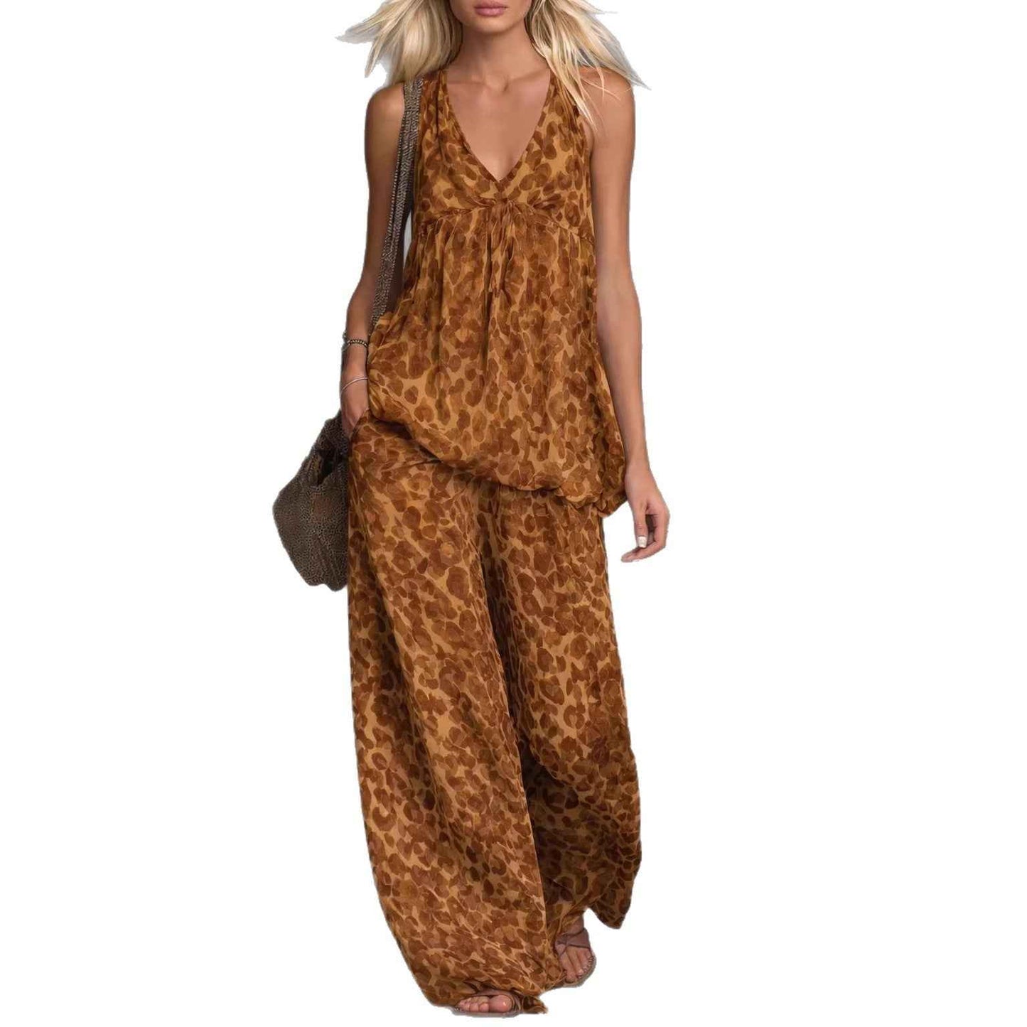 Womens Loose-Fitting Leopard Print Women's Clothing Set with Sleeveless Top and Chiffon Pants