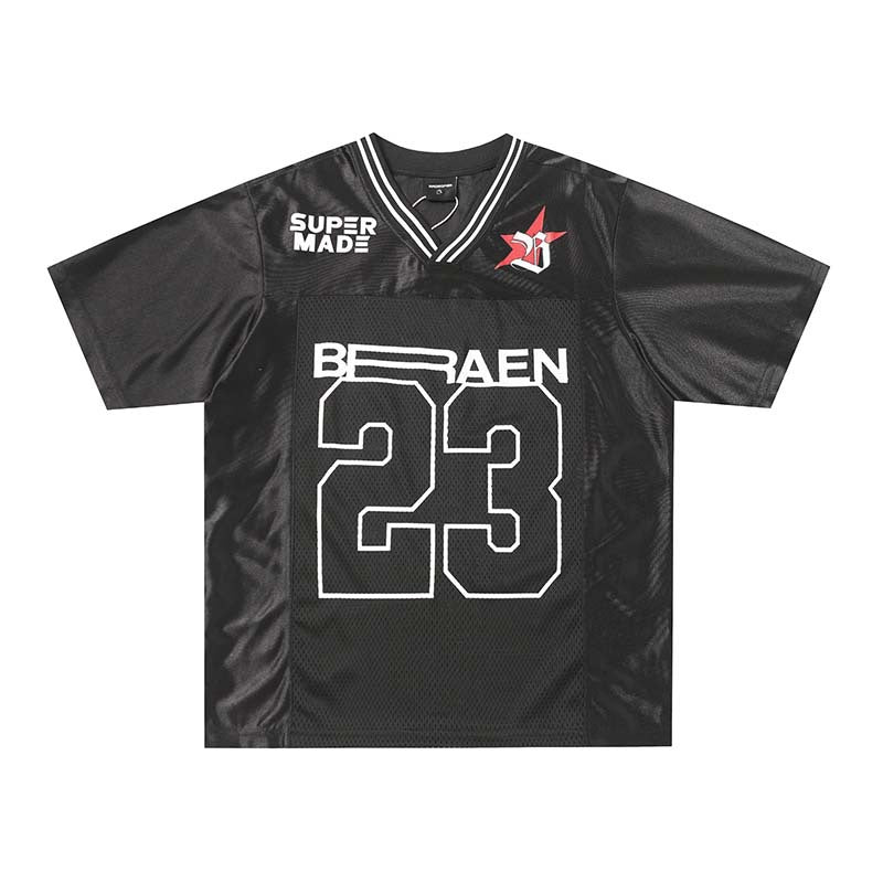 High Street V-neck Loose Fit Shirt - Patchwork Short Sleeve Design