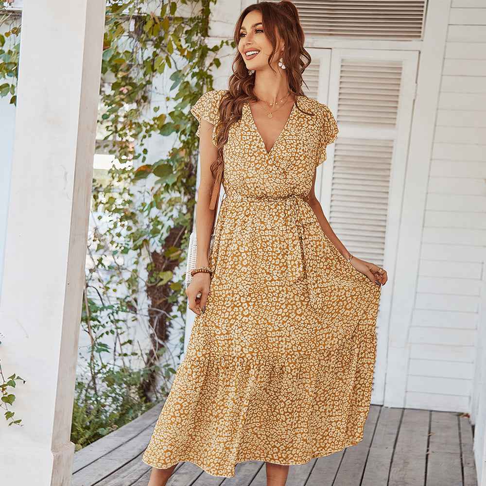 Ruffle Cap Sleeve Wrap Split Women's Boho Floral Long Dress