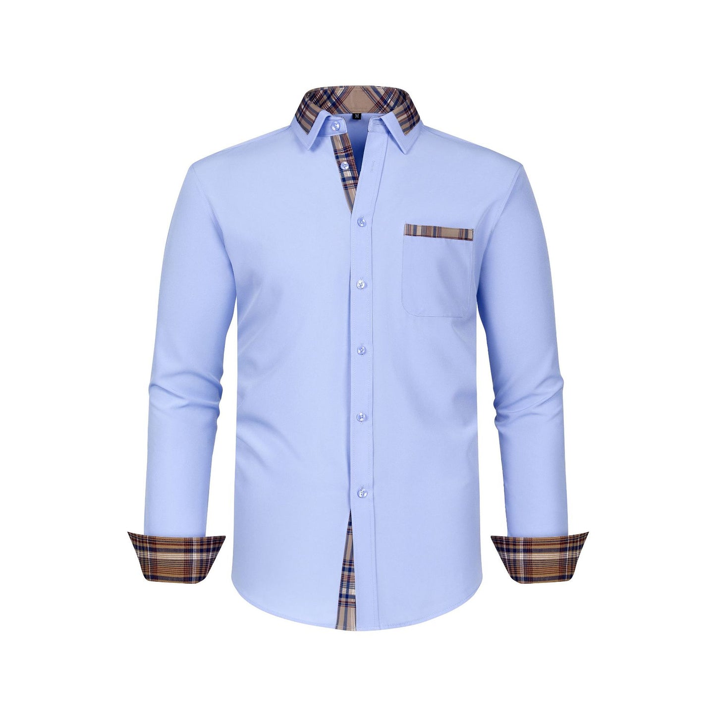 Mens Long Sleeve Shirt Patchwork Collar with Plaid Design for Stylish Comfort