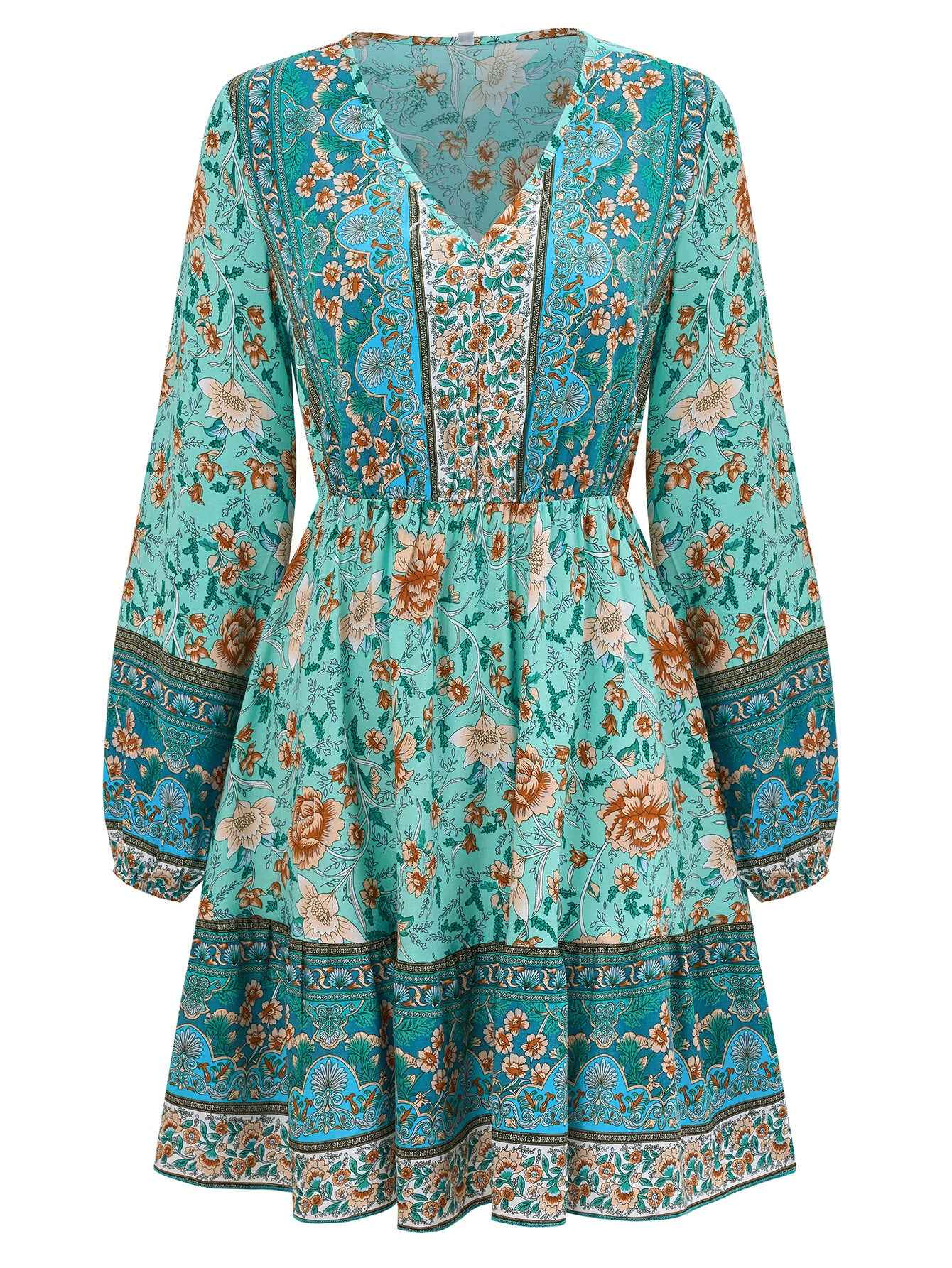 Waist-Control V-Neck Dress for Women - Printed Long Sleeve Style