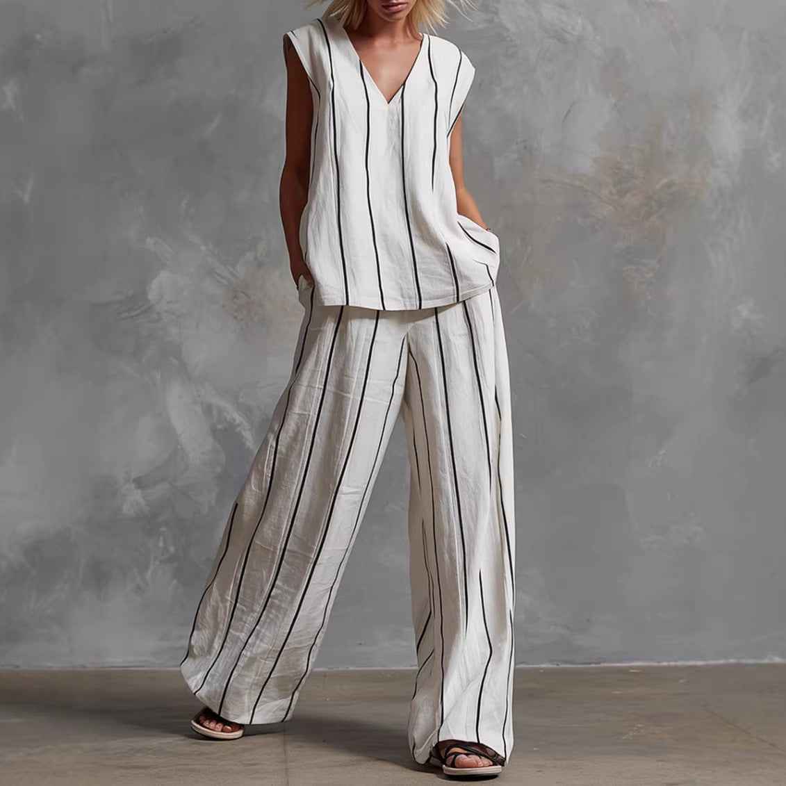 French Minimalist Black and White Set - Loose Cotton-Linen Women's Outfit
